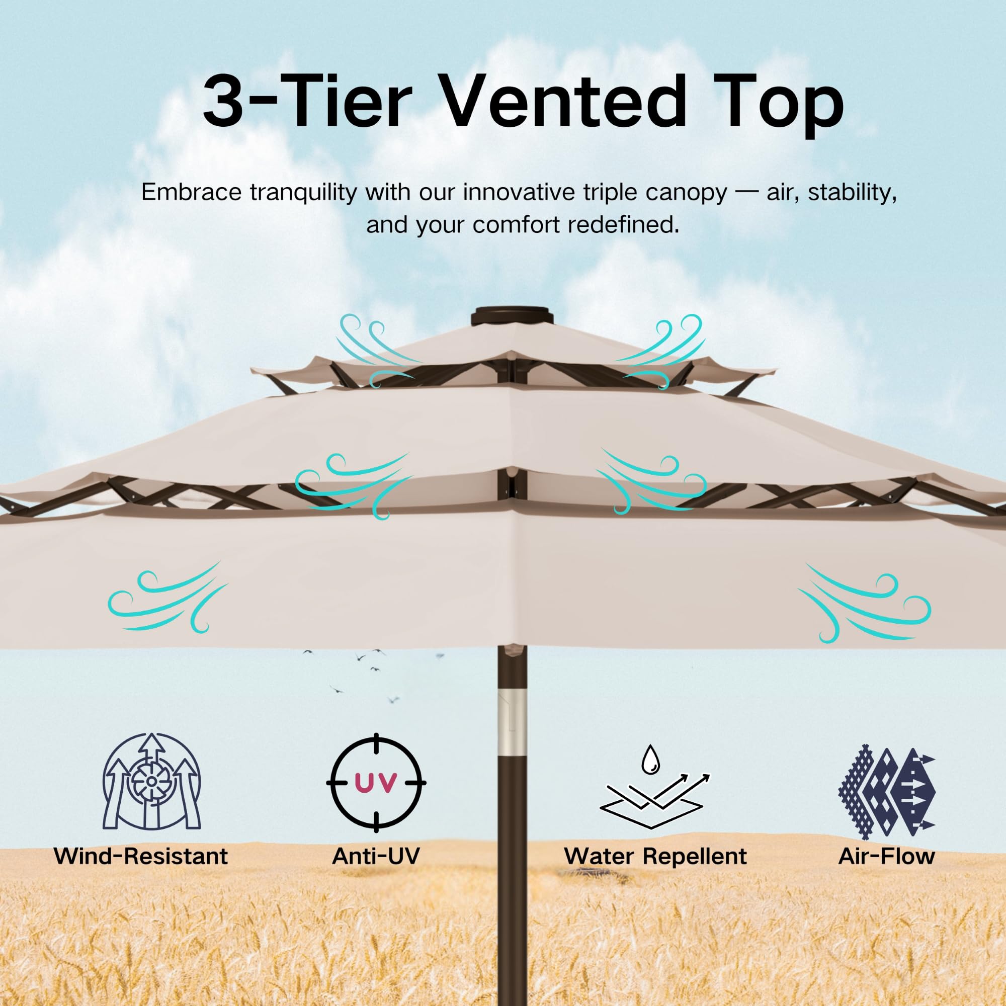 Kingdura vented top design improves airflow and stability in windy conditions.