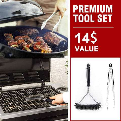 Kingkong 7105 premium grill cover includes grill brush and tongs for convenient outdoor setup