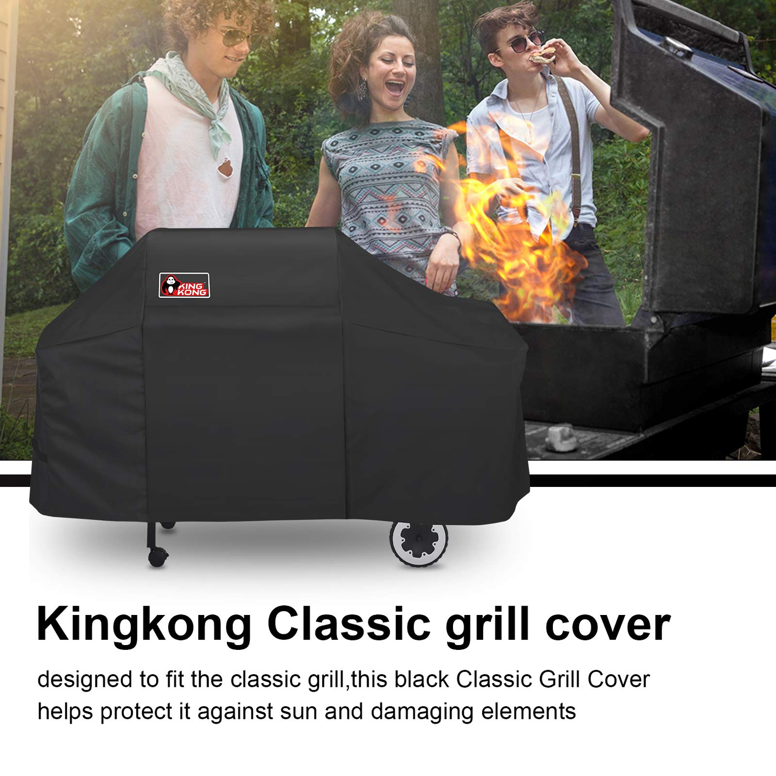 Kingkong 7552 grill cover with bound edges protects against harsh elements.