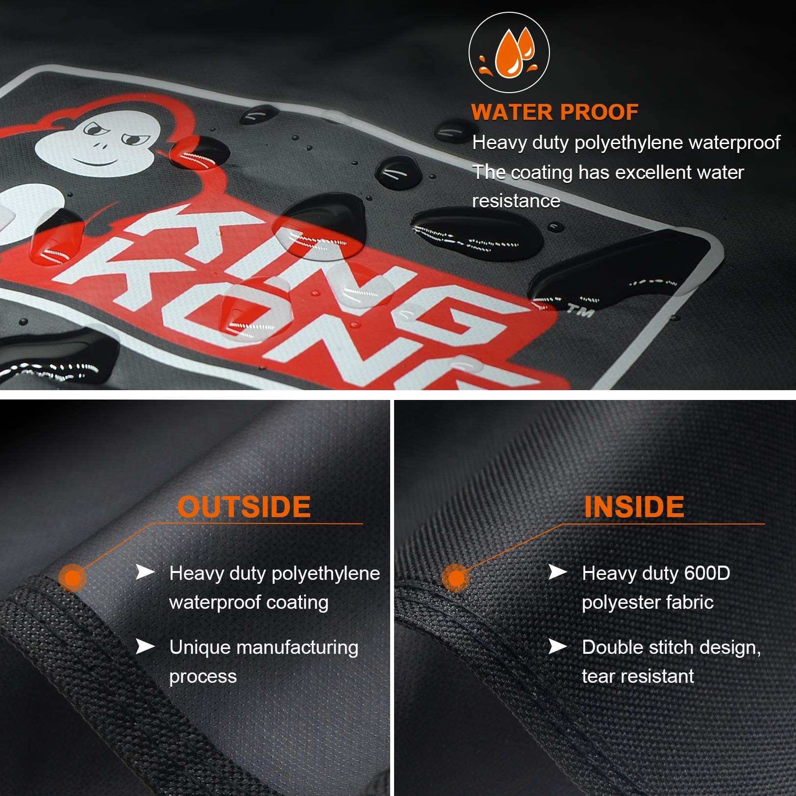 Kingkong durable waterproof fabric guards the grill in all weather.