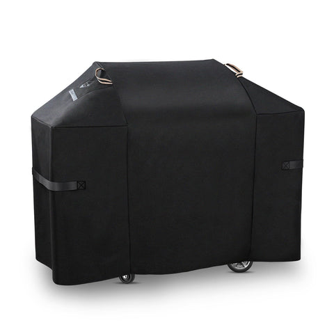 KINGLY 52-inch grill cover on Weber Spirit 210 with table up, suitable for outdoor grilling.