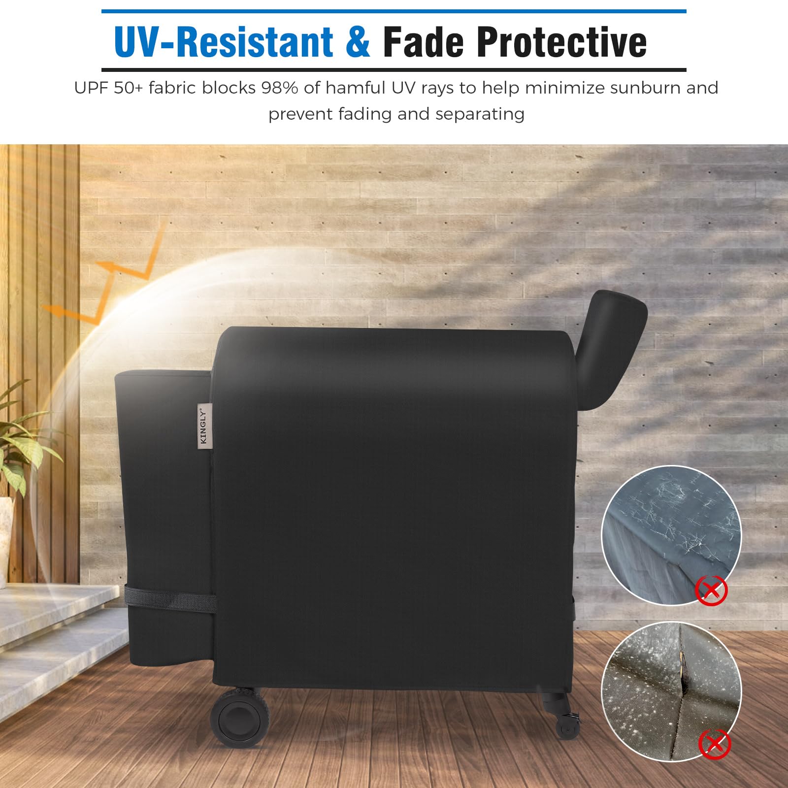 Kingly cover is easy to clean by rinsing and air drying after use.