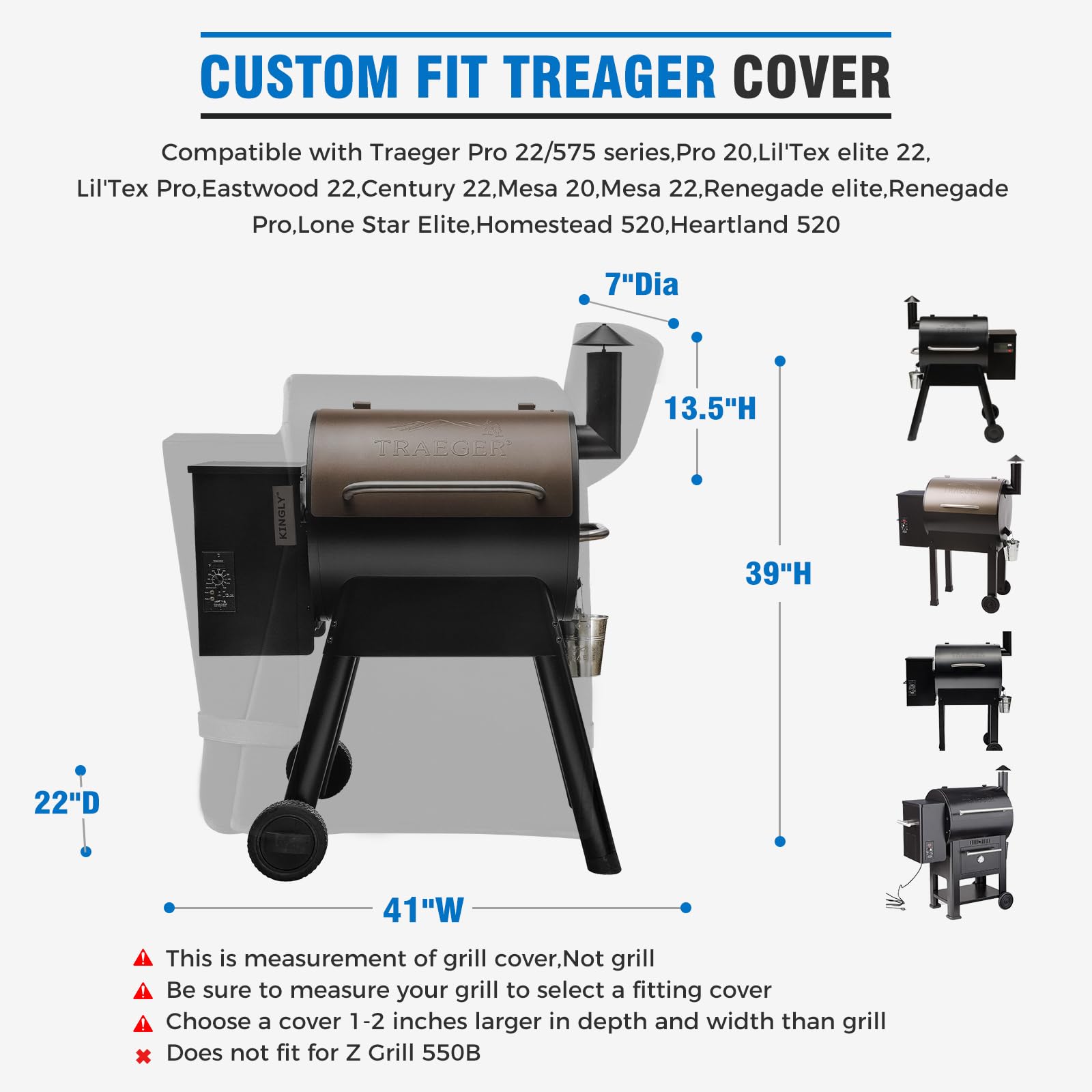 KINGLY grill cover with side straps providing secure fit on a tall pellet grill