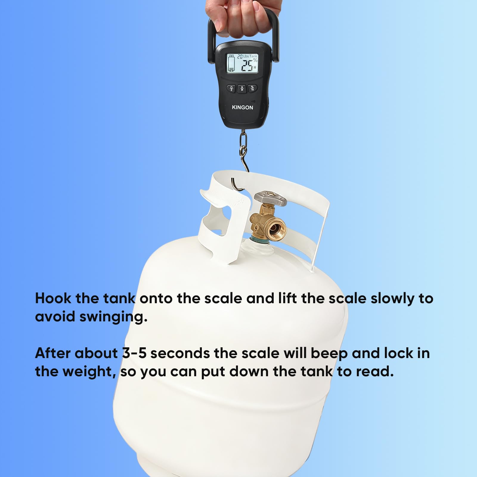 Kingon propane scale with USB rechargeable battery for cordless operation.