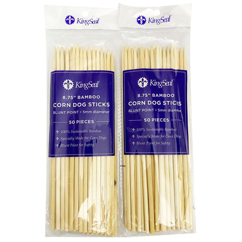 KingSeal bamboo corn dog skewers, 8.75 inches, for even grilling.