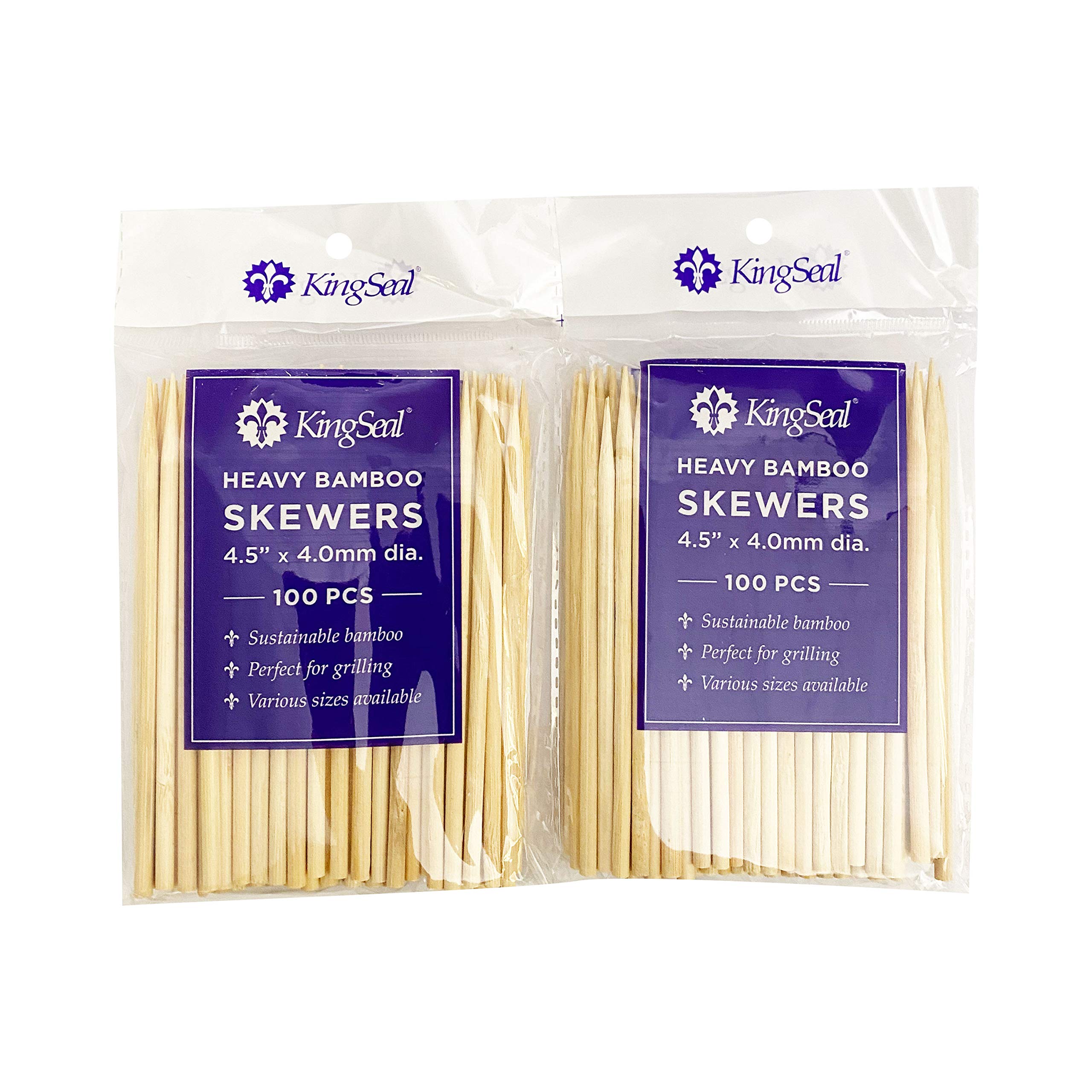 KingSeal renewable bamboo skewers, heavy-duty and 4.5 inches long, ready for grilling.