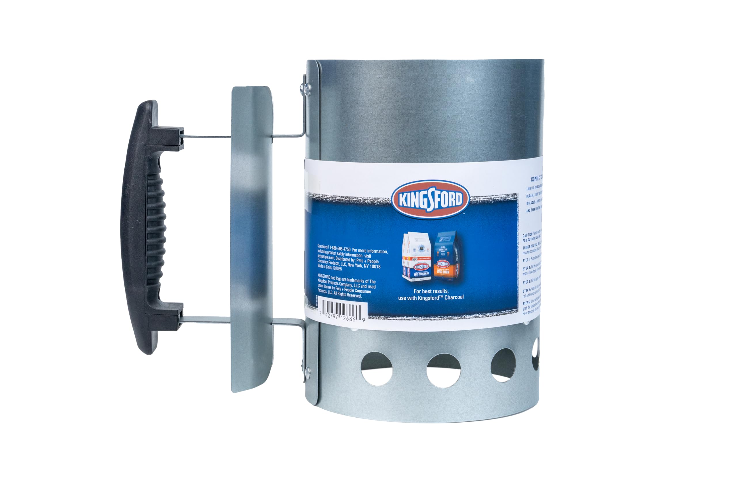 Kingsford Chimney Starter highlights hands protection during lighting thanks to a heat shield.