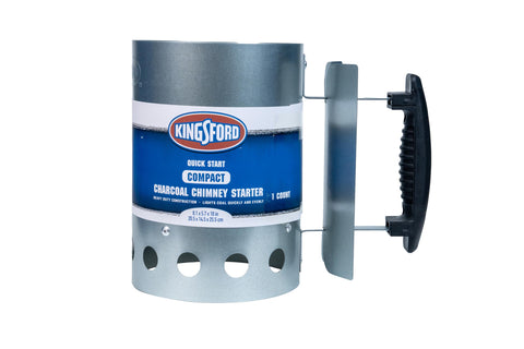 Kingsford Compact Charcoal Chimney Starter lights briquettes evenly for faster grilling.