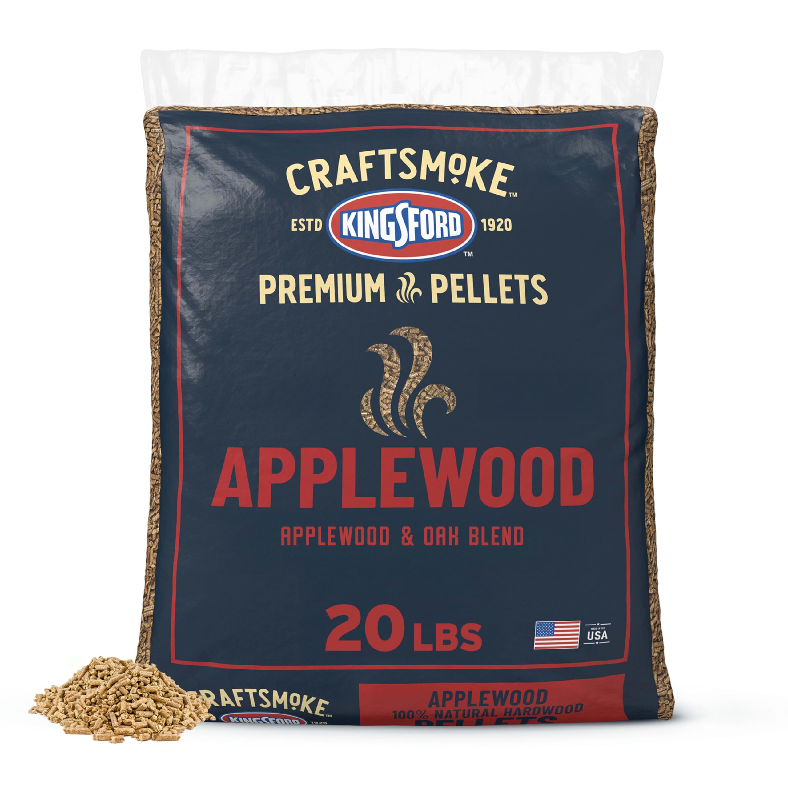 Kingsford Craftsmoke applewood pellets bag front shows premium hardwood packaging for easy use