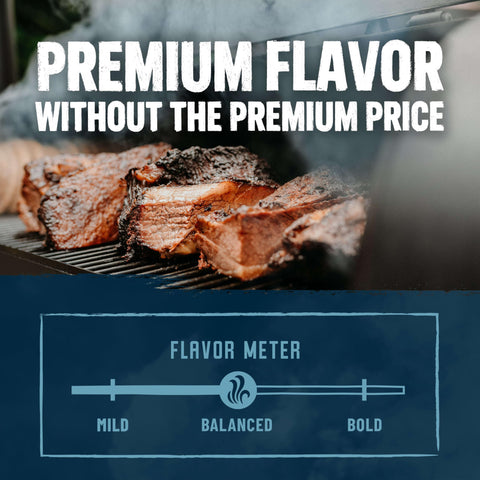 Blend of hickory, cherry and oak with balanced smoky notes for grilling.