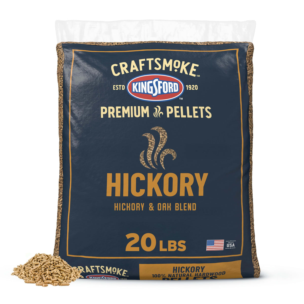Kingsford Craftsmoke pellets packaging shows 20 lb bag for premium wood flavor
