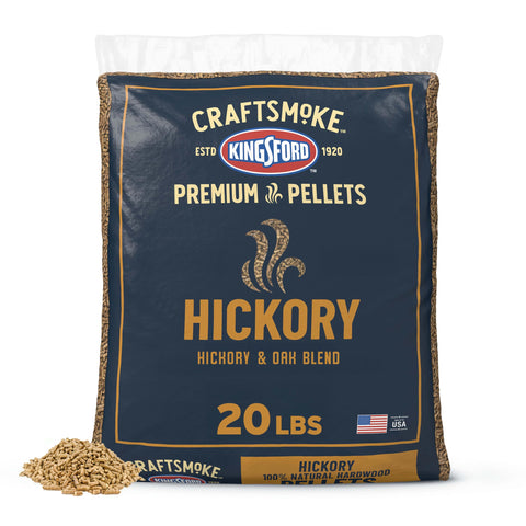Kingsford Craftsmoke pellets packaging shows 20 lb bag for premium wood flavor