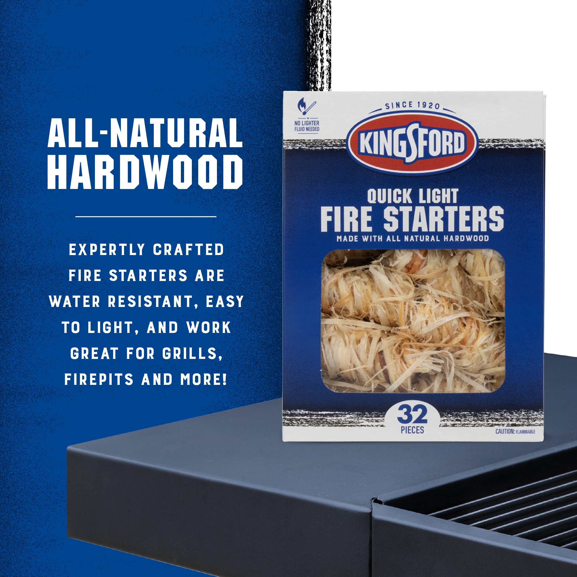 Kingsford fire starter with water-resistant design ready to light in damp conditions.