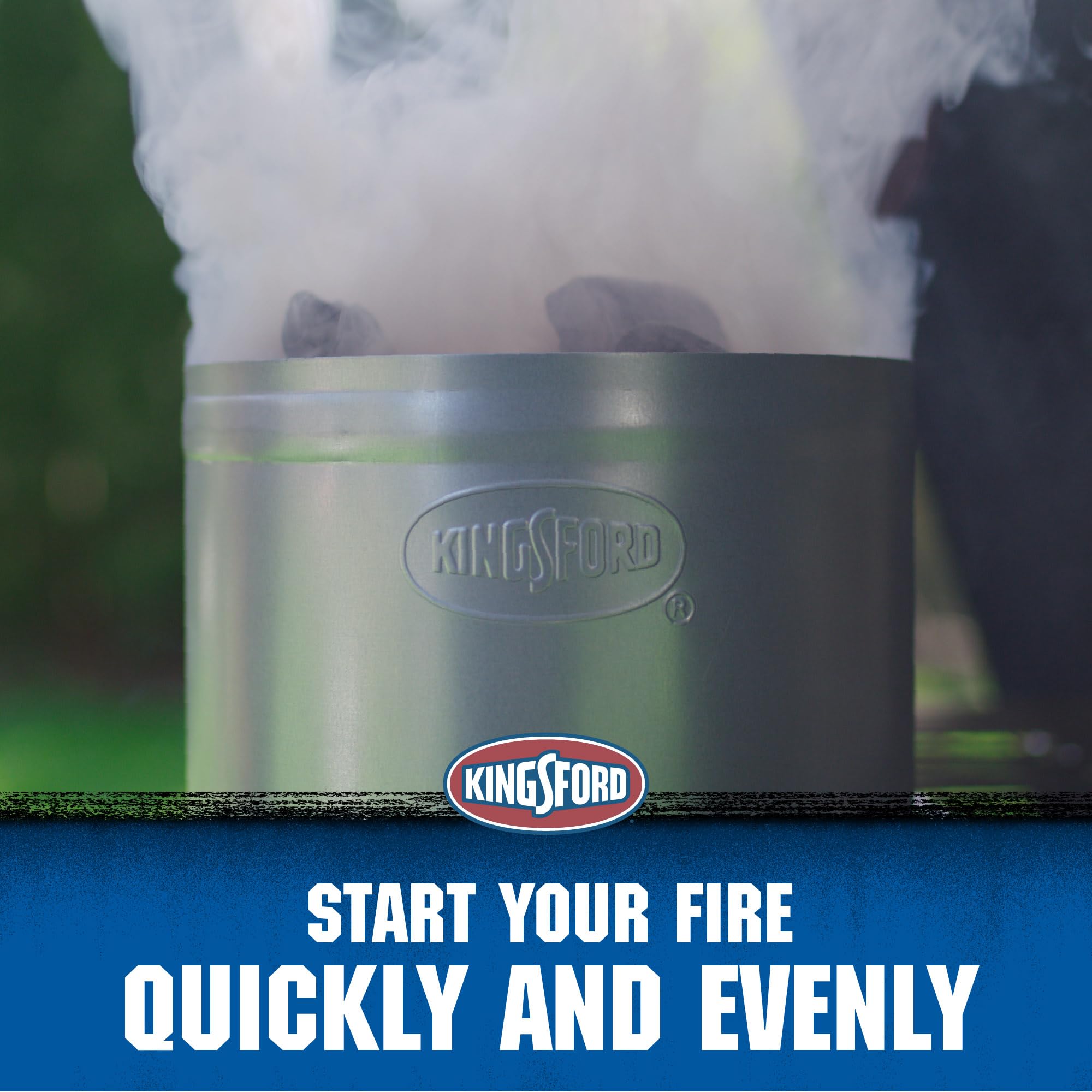 Kingsford heavy-duty chimney starter with vented base promotes even charcoal ignition.