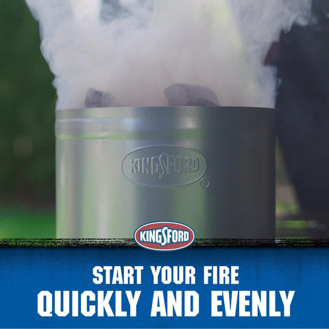 Kingsford heavy-duty chimney starter with vented base promotes even charcoal ignition.