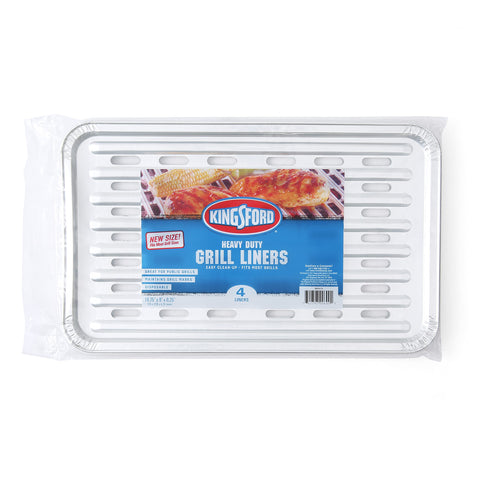 Kingsford heavy-duty foil liners over grill grates showing reduced cleanup effort