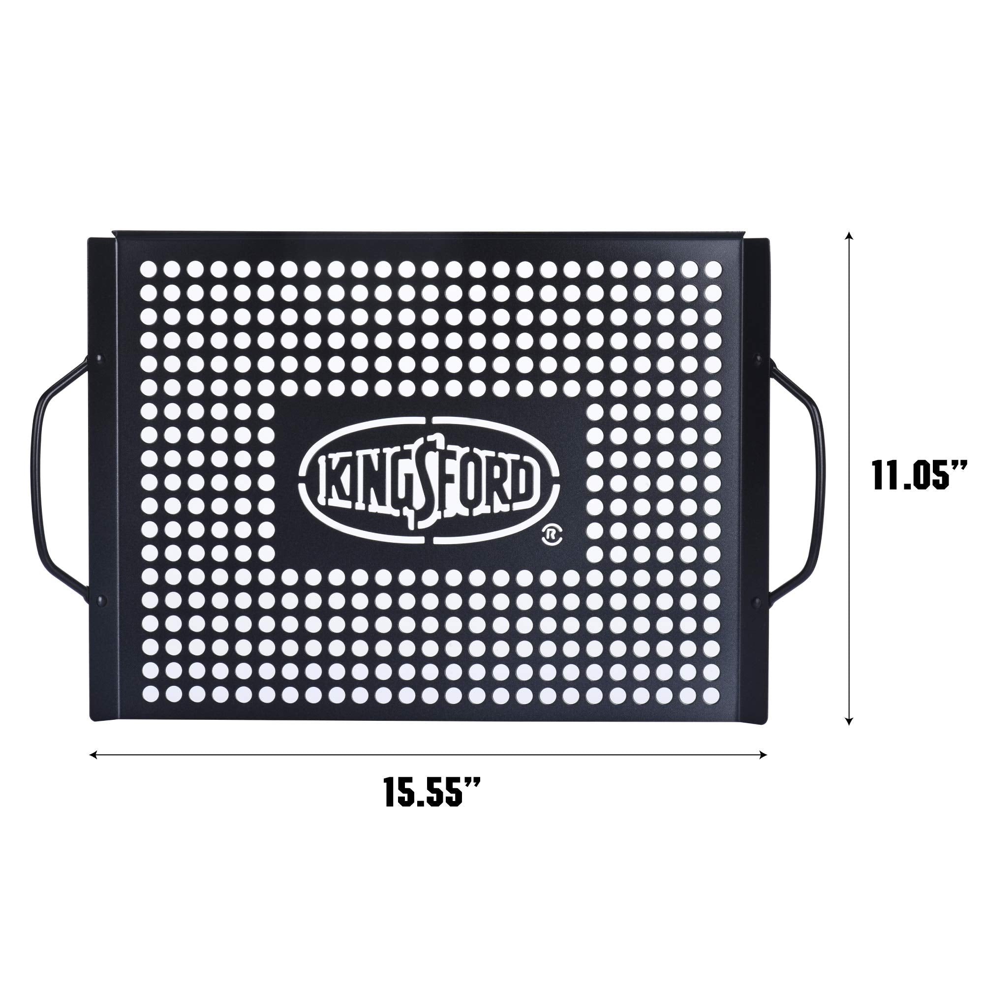 Kingsford topper features curved handles for steady transfer from grill to table