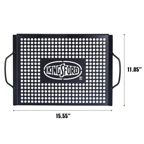 Kingsford topper features curved handles for steady transfer from grill to table