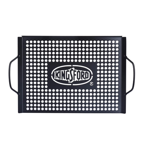 Kingsford grill topper with perforated surface keeps small foods intact on the grill
