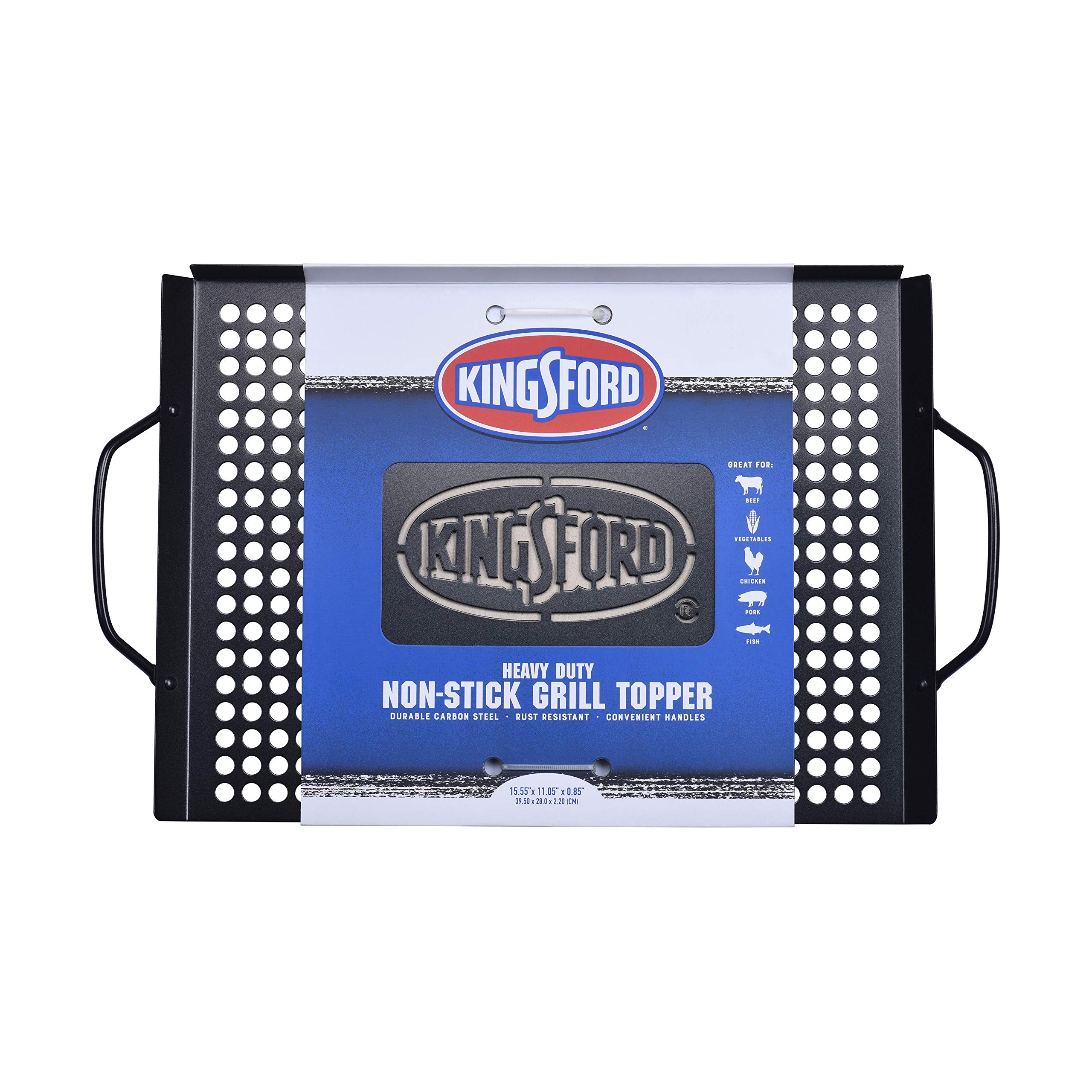 Kingsford topper with raised walls prevents pieces from slipping during grilling