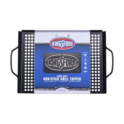 Kingsford topper with raised walls prevents pieces from slipping during grilling