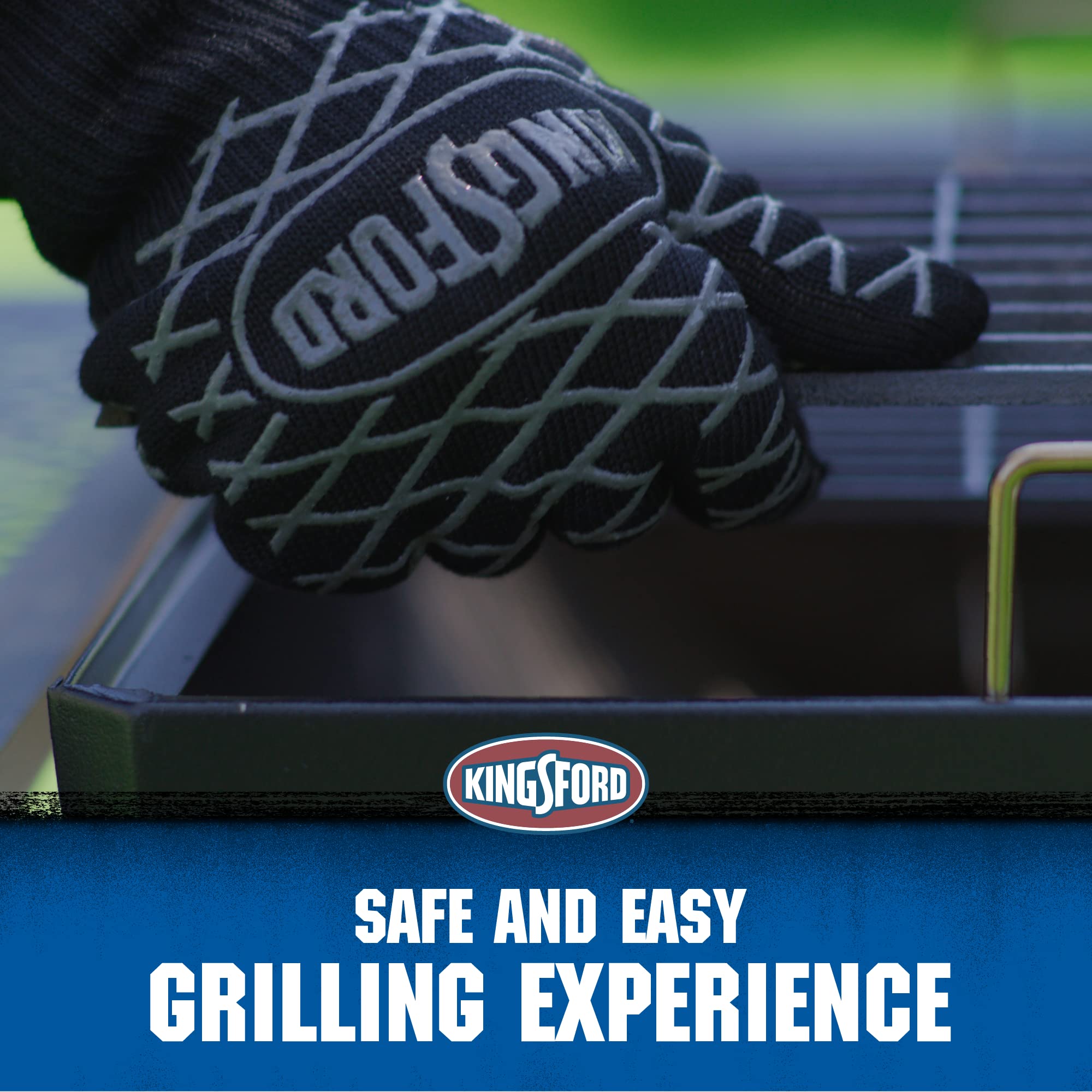 Kingsford silicone grip glove offers textured handling for hot pans.