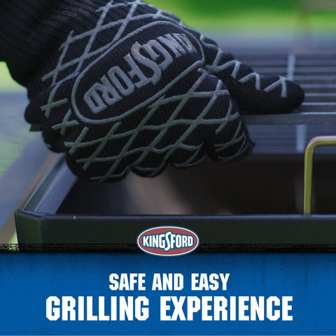 Kingsford silicone grip glove offers textured handling for hot pans.