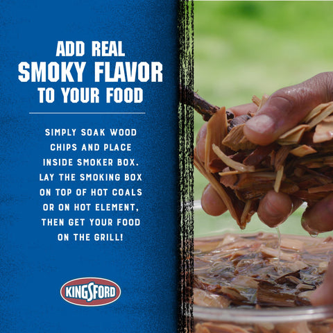 Kingsford smoker box on a charcoal grill infusing smoky flavor