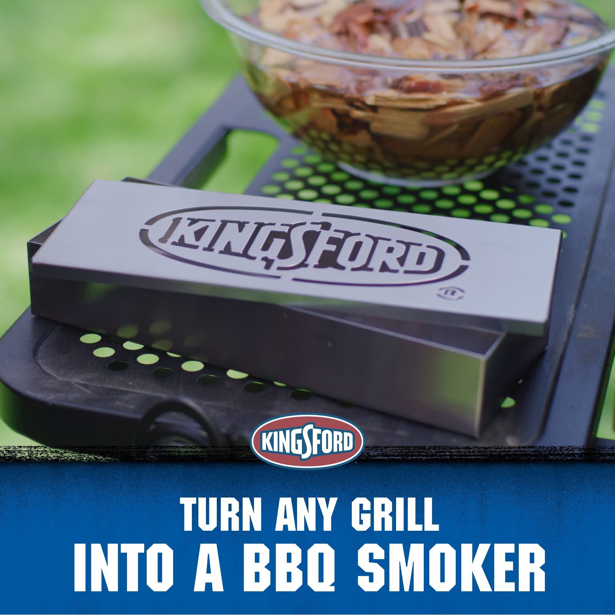 Kingsford smoker box open with chips inside for easy loading