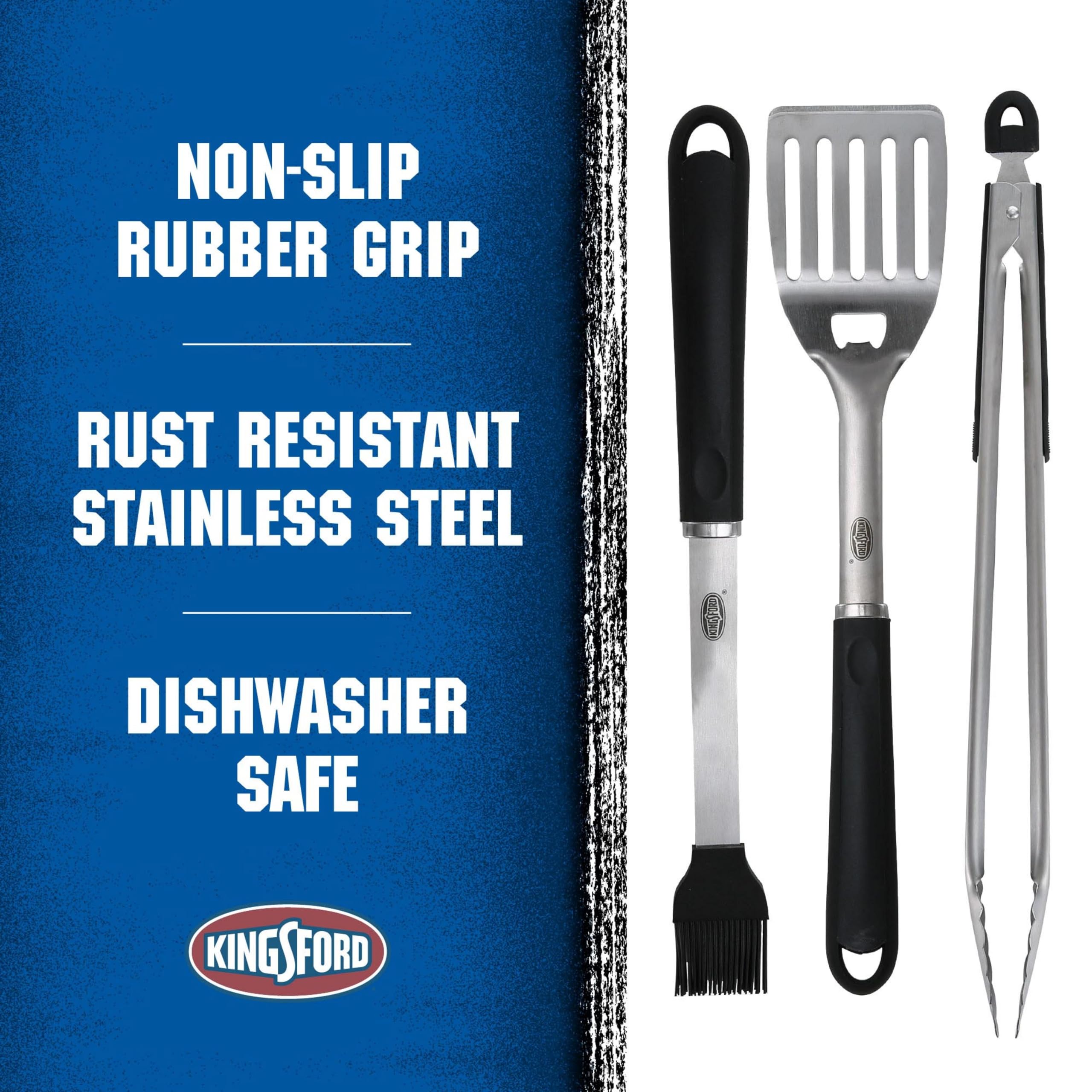 Kingsford stainless steel construction resists rust for frequent outdoor grilling.