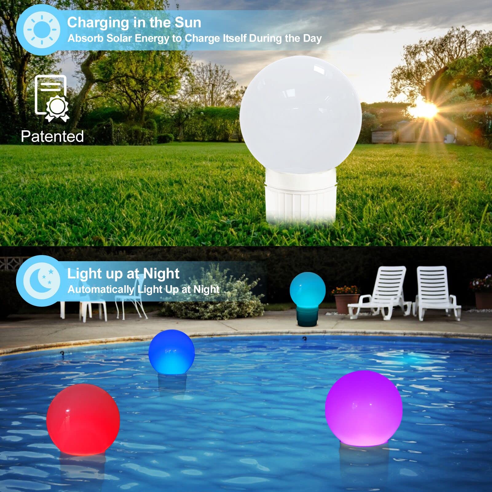 KingSom solar-powered LED ball light activates at dusk for a brighter pool.