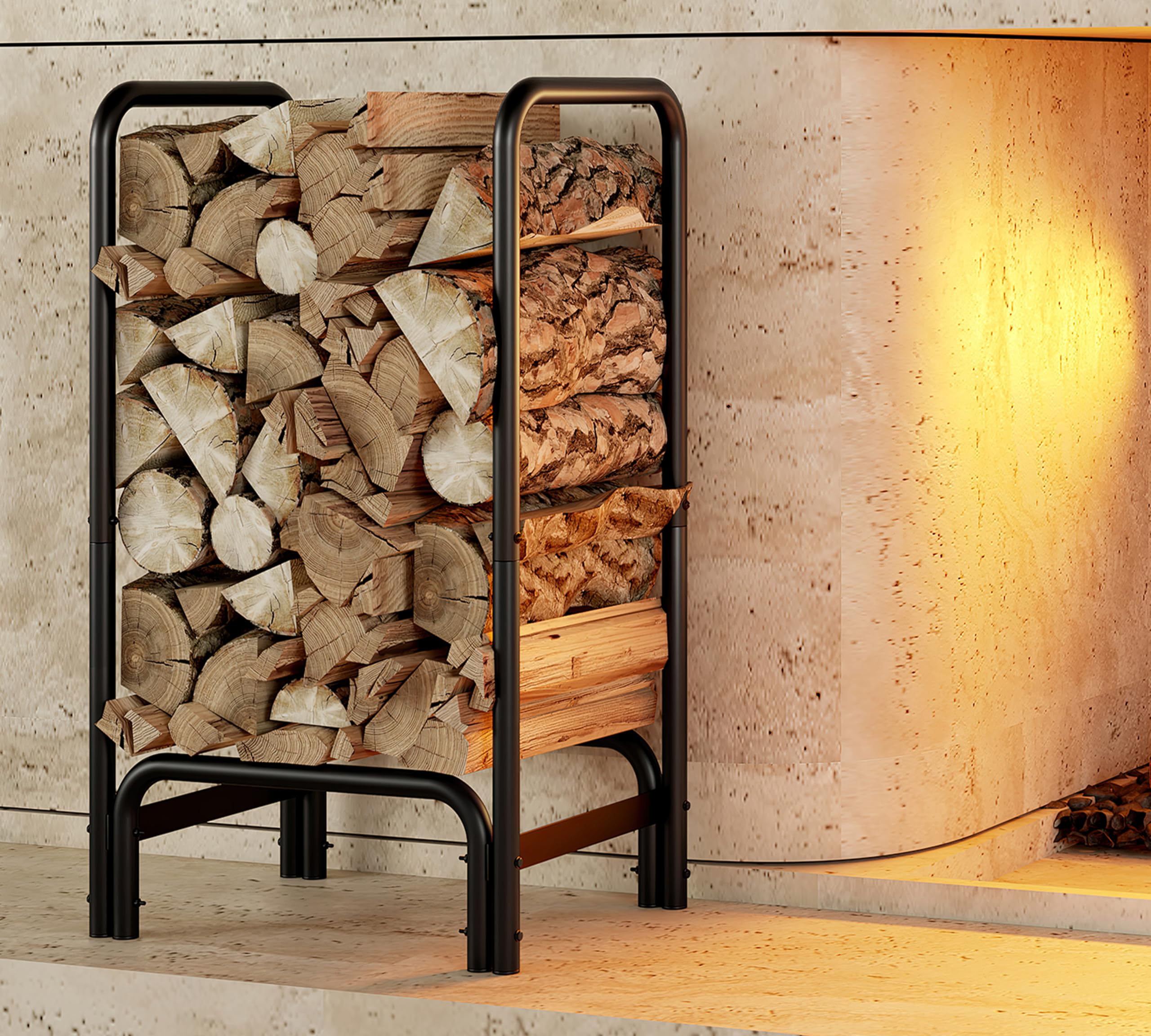 Kingson firewood rack with round tube design keeps logs neatly stacked beside the fireplace.