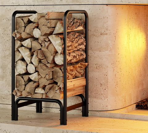 Kingson firewood rack with round tube design keeps logs neatly stacked beside the fireplace.