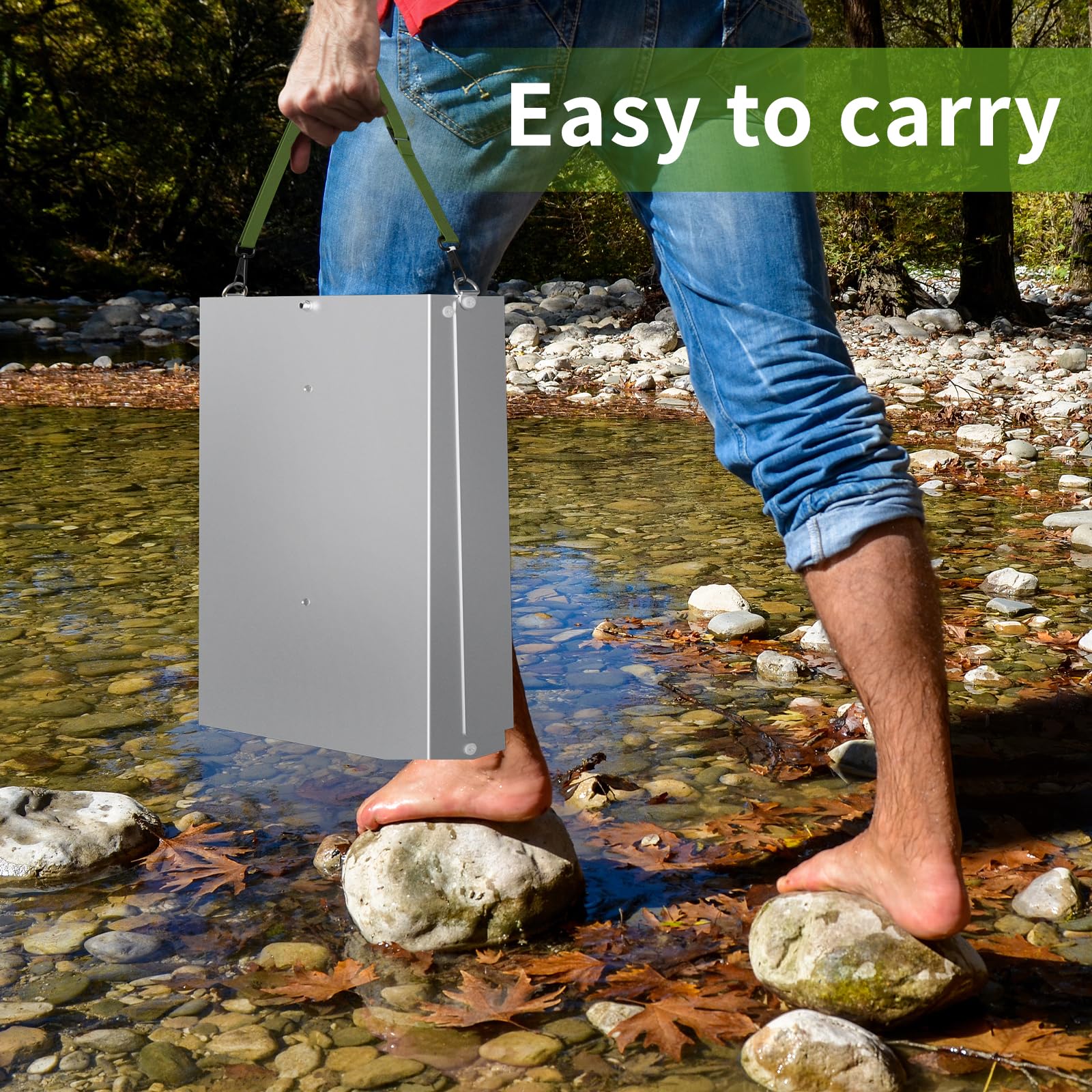 Kingson portable sluice box ready for backpack travel along a creek