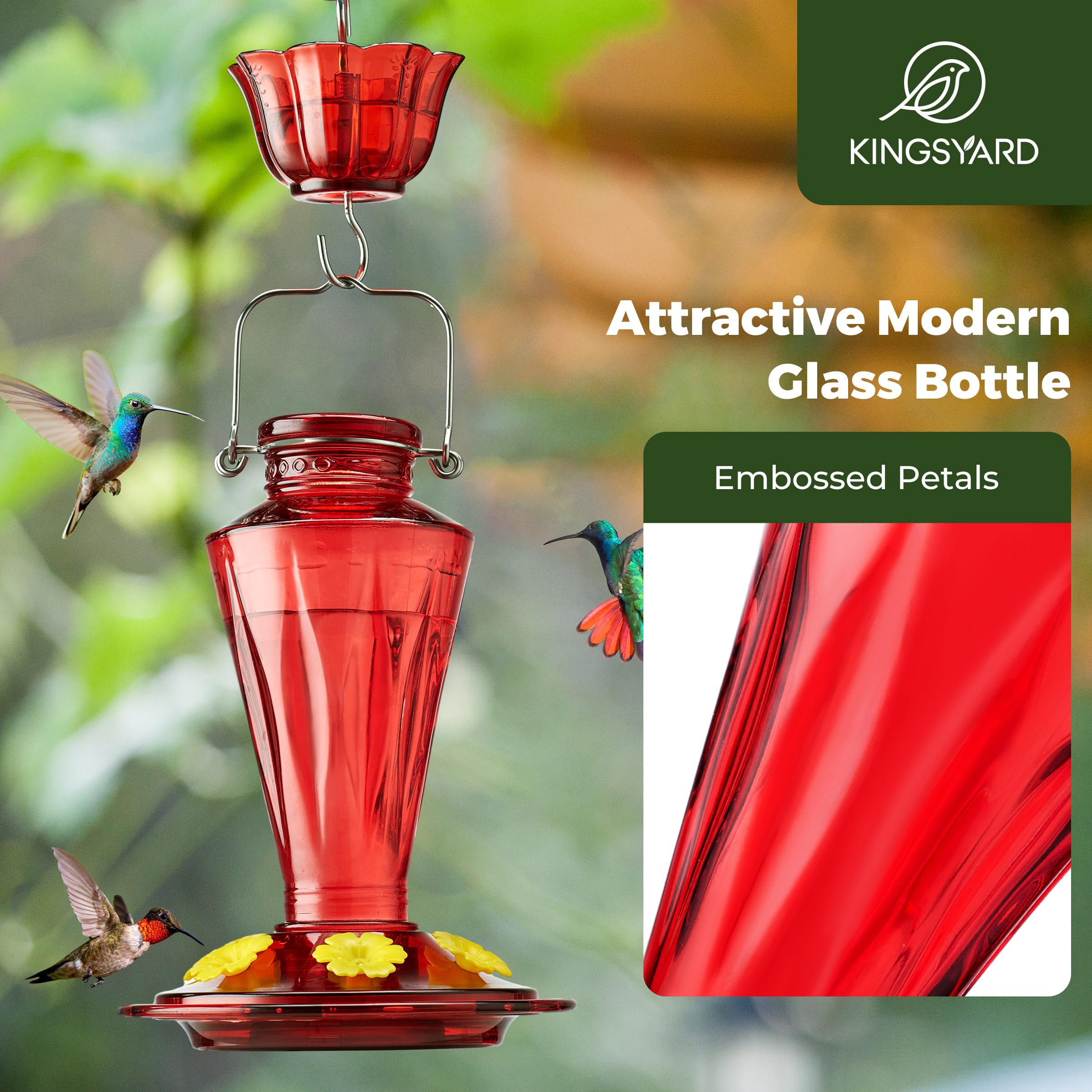 Kingsyard 16-ounce glass hummingbird feeder provides generous nectar without frequent refills.