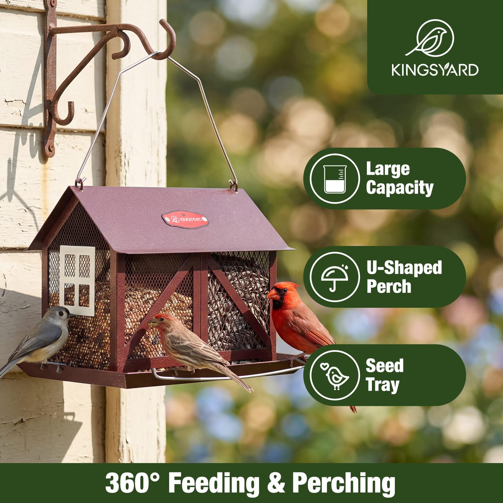 Kingsyard 2-in-1 feeder with seed compartments attracts diverse backyard birds.