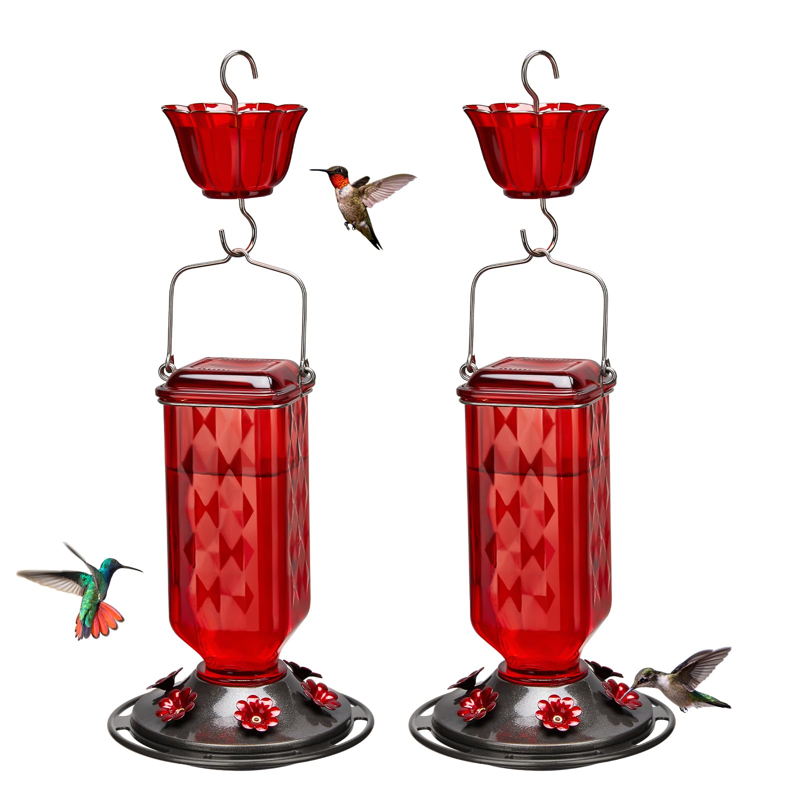 Kingsyard two-pack red glass hummingbird feeders in sunlight, ready for garden use