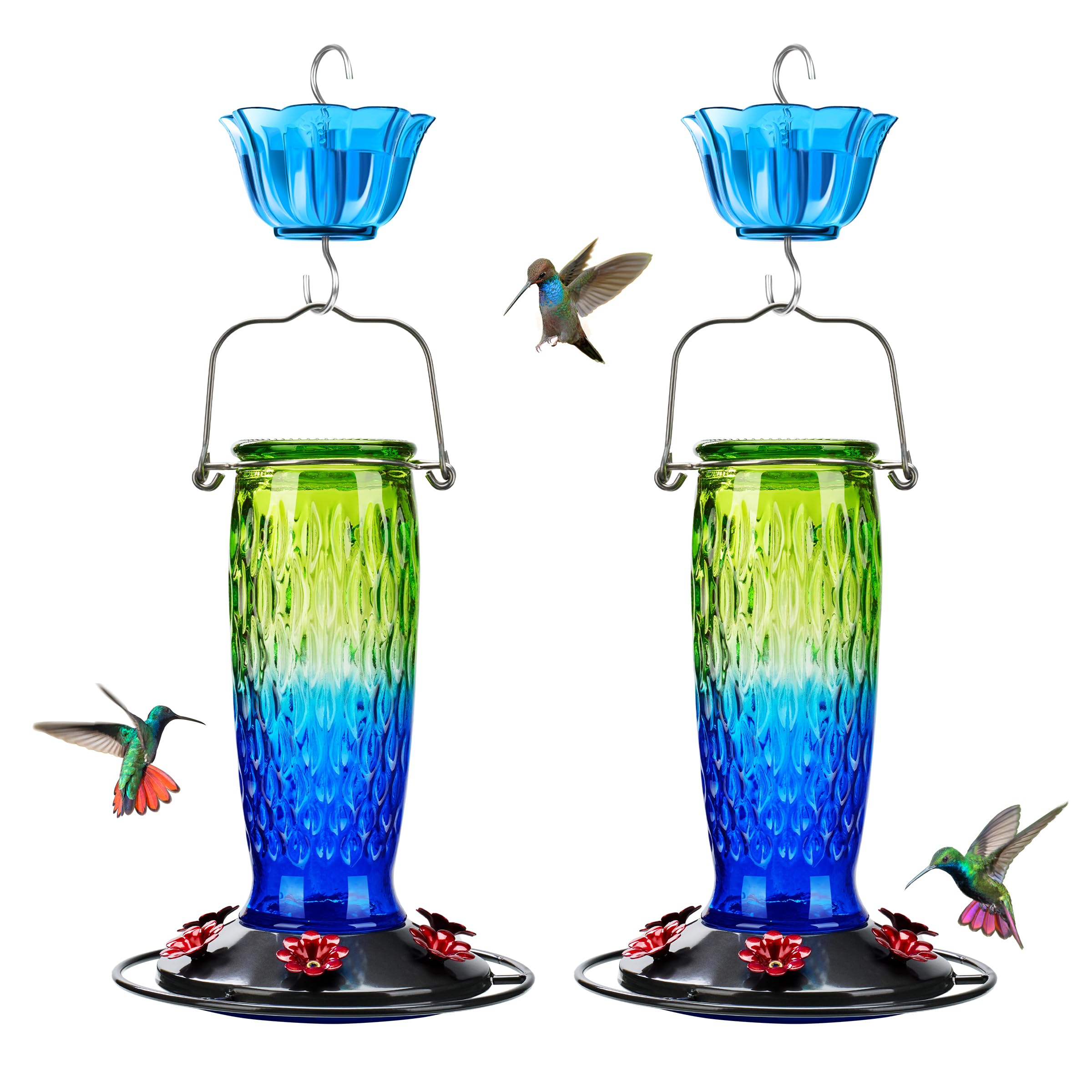 Kingsyard 2-pack glass hummingbird feeders outdoors with gradient colors for attracting birds