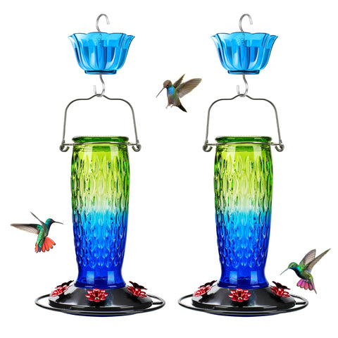 Kingsyard 2-pack glass hummingbird feeders outdoors with gradient colors for attracting birds