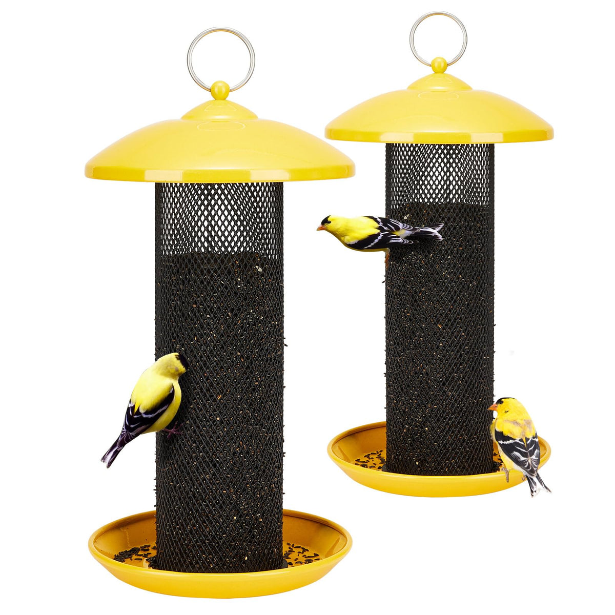Kingsyard 2-pack finch feeders, outdoor yellow, attract goldfinches and other small birds.