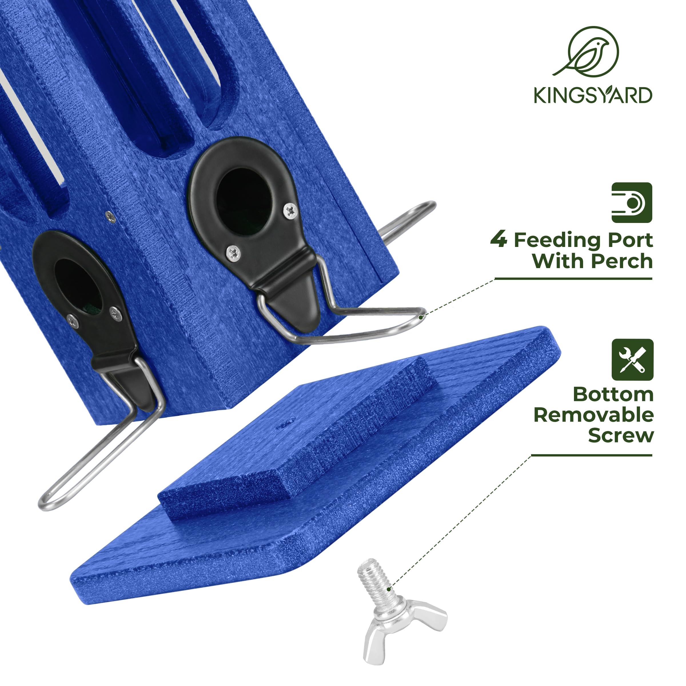 Kingsyard feeder shows four metal ports supporting several birds at once