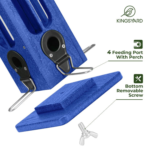 Kingsyard feeder shows four metal ports supporting several birds at once