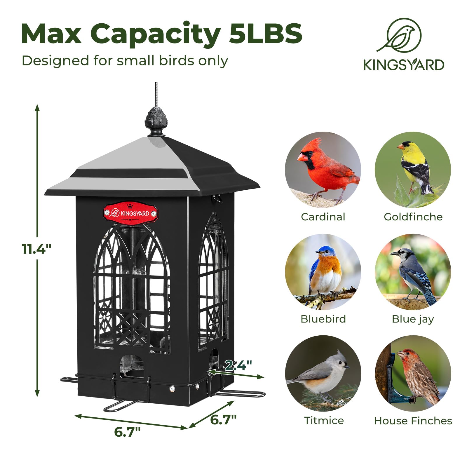 Kingsyard 5-lb capacity bird feeder for less frequent refills and extended outdoor viewing.