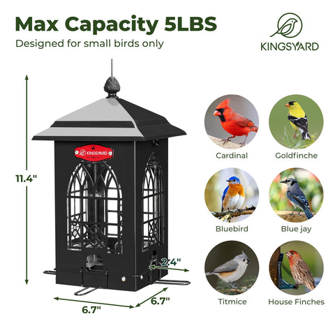 Kingsyard 5-lb capacity bird feeder for less frequent refills and extended outdoor viewing.