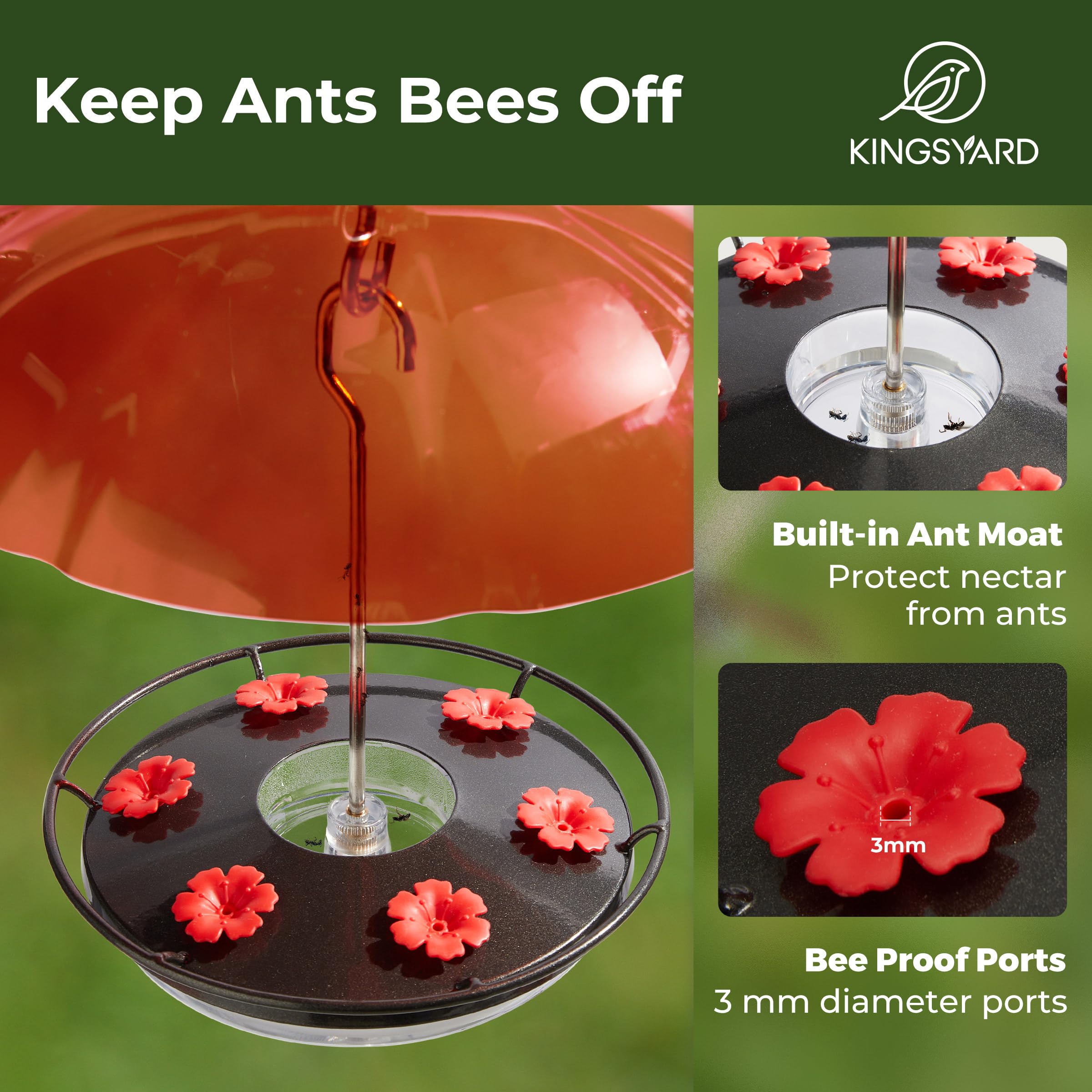 Kingsyard ant moat and bee-proof ports prevent pests and conserve nectar