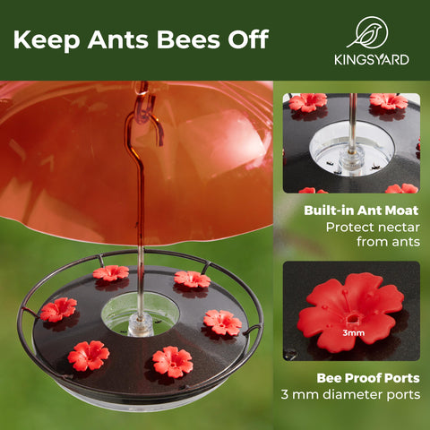 Kingsyard ant moat and bee-proof ports prevent pests and conserve nectar