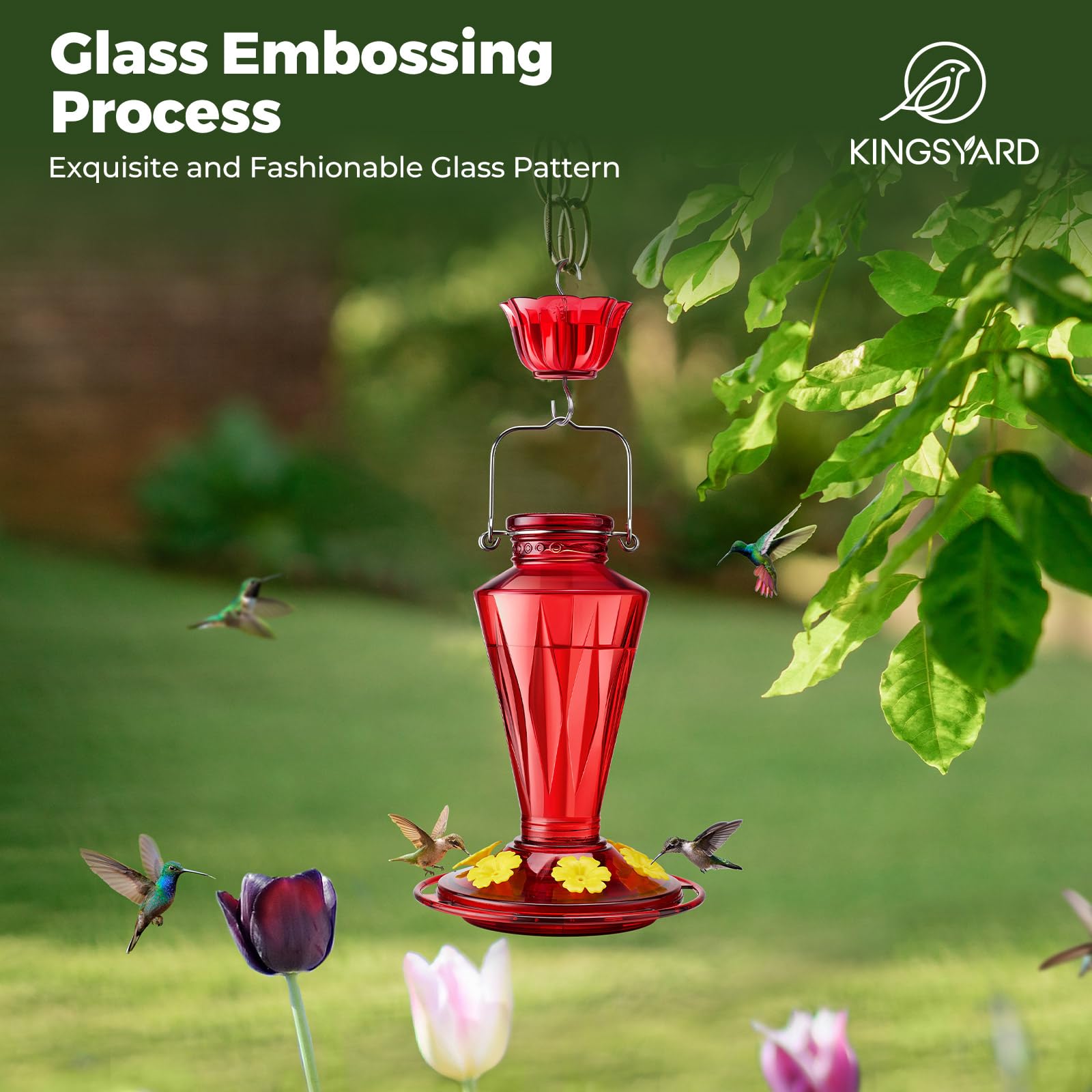 Kingsyard ant moat glass hummingbird feeder prevents insects from reaching nectar.