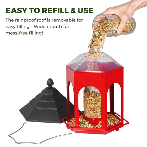 Kingsyard anti-squirrel design helps minimize seed loss while birds visit.