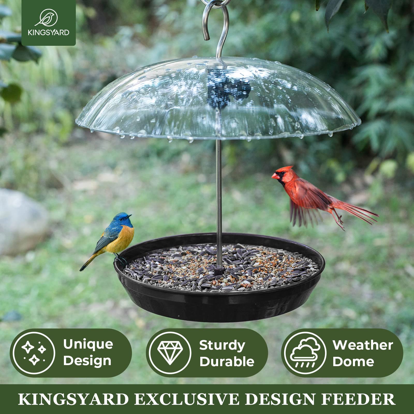 Kingsyard bird feeder with clear rain-proof dome keeps feed dry during rainfall.