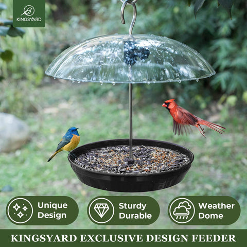 Kingsyard bird feeder with clear rain-proof dome keeps feed dry during rainfall.